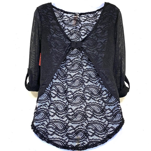 NWT No Boundaries high/low shirt. BLACK roll cuff sleeve Size S (3-5) lace back - Picture 5 of 10